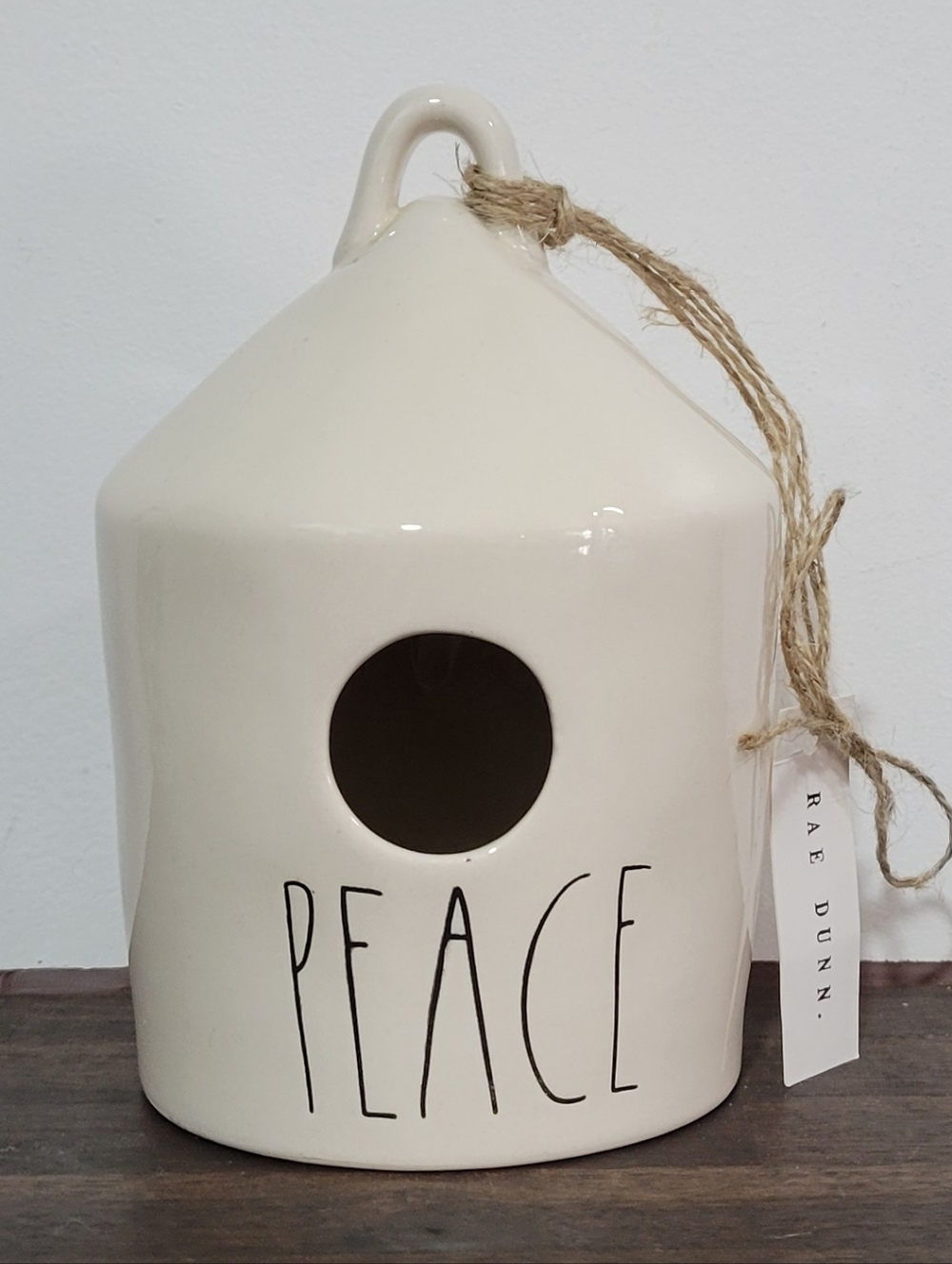 Rae Dunn Cream Ceramic 'PEACE' Birdhouse with Twine Loop